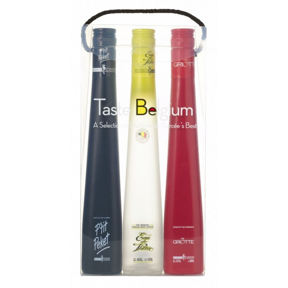 Coffret taste Belgium : P'tit Peket, Eau de Villée, Griotte 20 cl (Distillerie de Biercée )