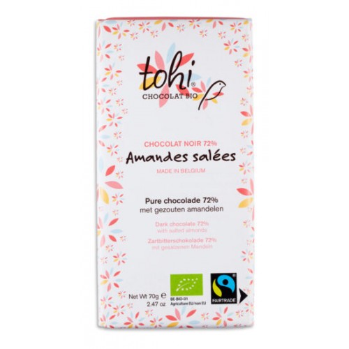 Pure chocolade 72% met gezouten amandelen bio 70 g (Tohi)