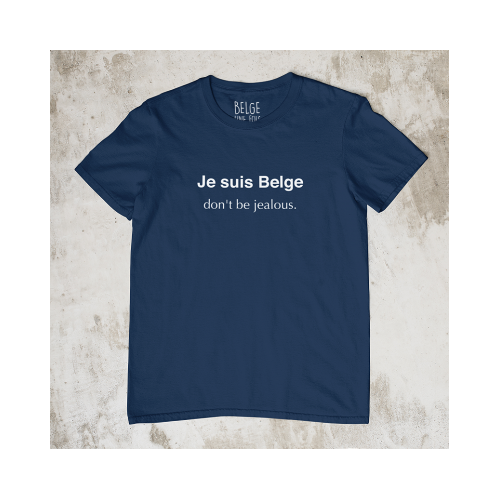 Tshirt kort mouw "Je suis belge don't be jealous" marineblauw XL-men  (belge1 fois)