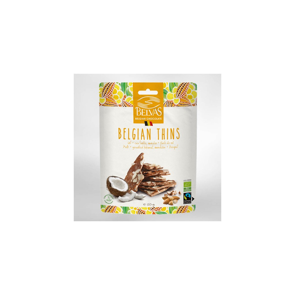 Belgian thins chocolat au lait, coco,amande et sel  bio 120 g (Belvas)