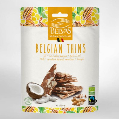 Belgian thins chocolat au lait, coco,amande et sel  bio 120 g (Belvas)