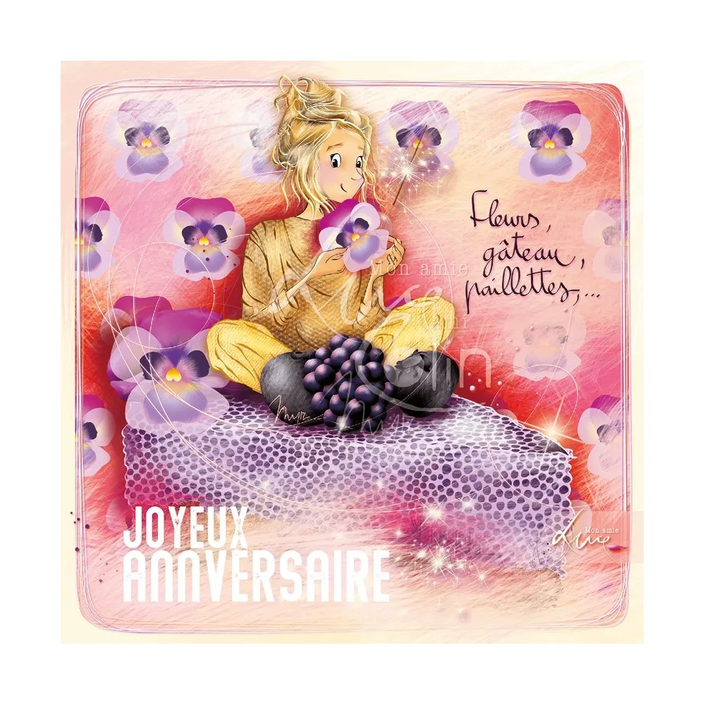 Kaart mon amie Luce "Fleurs, gateaux, paillettes, joyeux anniversaire"